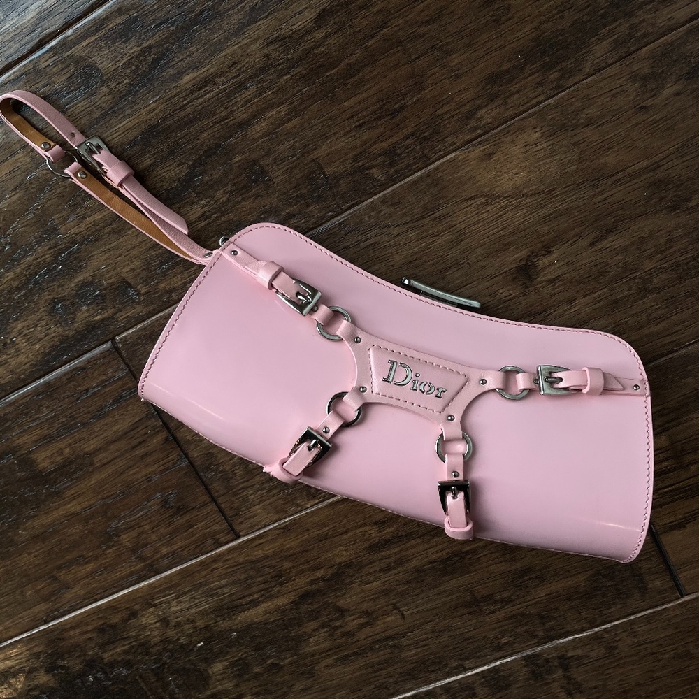 Dior Vintage Light Pink Patent leather belted clutch wristlet purse